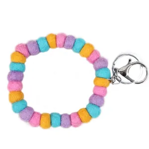 Handmade colorful wool felt ball keychain wristlet with silver metal keyring and clasp