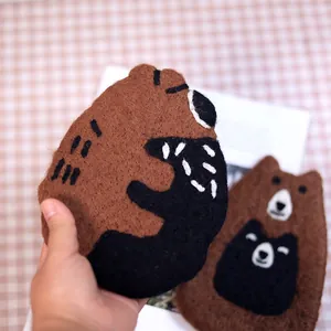 Handmade wool felt brown bear coaster for cute autumn and winter home table decoration