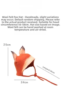 Detailed size specifications for handmade wool felt fox hat with ear flaps and ties