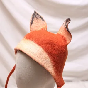 Handmade Wool Felt Fox Hat Cute Animal Shaped Bucket Hat Winter Warm Earflap Hat Mori Style Women Autumn Accessory