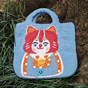 Handmade Wool Felt Cartoon Cat Embroidered Handbag Cute Street Style Tote Bag With Zipper Closure For Women Photography Props