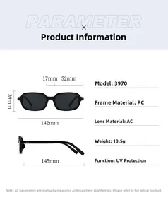 Detailed dimension guide for black square sunglasses model 3970 with PC frame specs