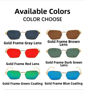 Detailed grid showing geometric sunglasses with six colored lenses and gold metal frames