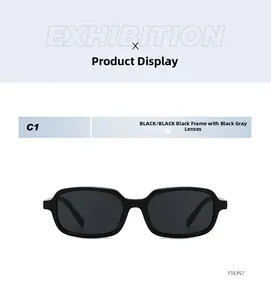 Detail view of square black frame sunglasses with black-grey lenses in C1 colorway