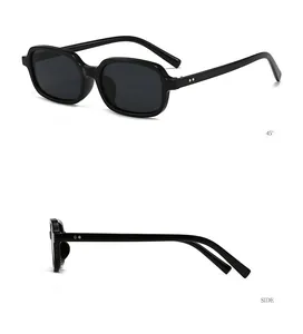 Detail view of square black sunglasses with metal rivets at 45-degree and side angles