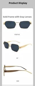 Three-way view of geometric polygon sunglasses with gold metal frame and grey lenses