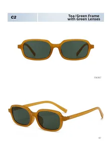 Detail view of tea brown frame square sunglasses with green lenses from dual angles