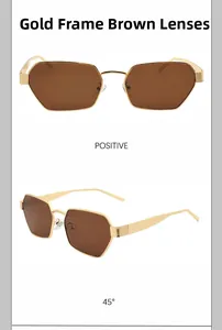 Close-up of stylish gold metal frame sunglasses with elegant dark tea polygonal lenses