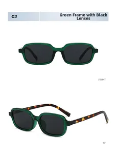 Macro detail of retro green rectangular sunglasses with tortoiseshell temples and C3 markings