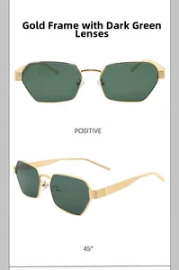 Detail view of gold metal frames and dark green polygonal lenses of sunglasses