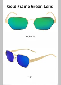 Close-up of polygon gold metal frame sunglasses with green and blue lenses