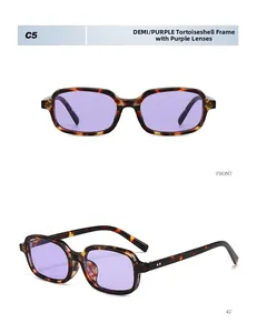 Detailed front and side views of tortoise shell square frames with purple lenses