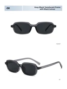 Detail of transparent grey rectangle sunglasses with black lenses and inner temple specs