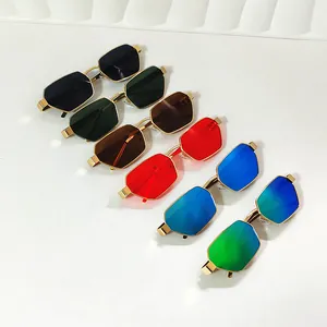 Collection of colorful hexagonal metal sunglasses in black green brown red and blue