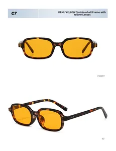 Detail view of rectangular tortoiseshell sunglasses with yellow lenses from multiple angles