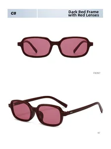 Close-up of retro burgundy rectangular sunglasses with silver rivets from front and side angles