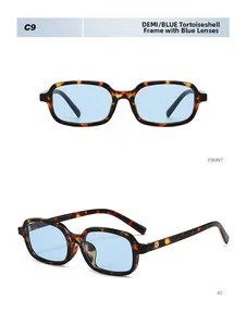Detail view of tortoiseshell frame blue lens square sunglasses with model C9