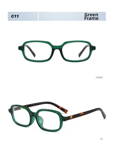 Detail view of retro green square glasses frame with tortoise pattern temples C11 model