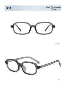 Macro view of transparent grey square eyeglass frames with front and side display