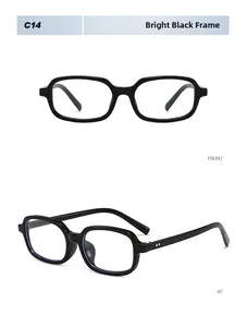 Detail view of square black frame sunglasses with clear lenses and metallic hinges