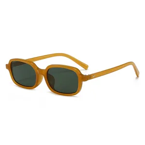 Retro amber rectangle sunglasses with dark green lenses and stylish square frame for women