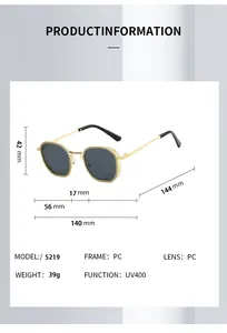 Detailed size chart for polygon sunglasses showing frame dimensions and UV400 features