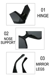 Detail view of square sunglasses showing metal hinge, nose support and temple tips