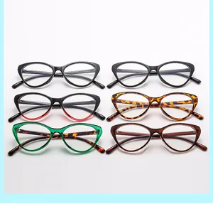Collage frontal de seis monturas de gafas de ojo de gato en varios colores y patrones