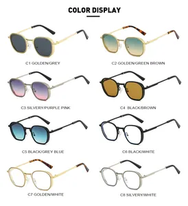 Detailed color display of vintage polygon metal sunglasses in eight different lens finishes