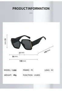 Detailed size chart for black square sunglasses showing UV400 PC frame dimensions and specs