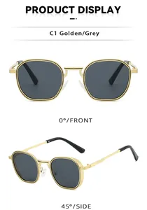Detailed front and side views of gold metal polygonal sunglasses with dark grey lenses