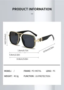 Detailed size chart showing oversized pilot sunglasses with gold rose logo and UV protection