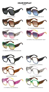 Detailed color display of large square sunglasses in 13 stylish options with geometric temples