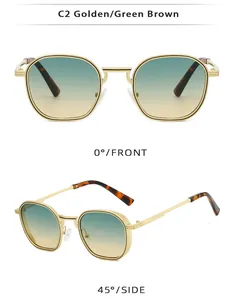 Detailed front and side views of golden polygonal sunglasses with green-brown gradient lenses