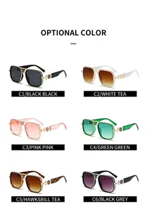 Detailed view of six color options for oversized sunglasses with metal relief temple motifs