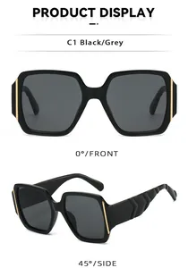 Front and 45-degree views of square black sunglasses with golden frame accents