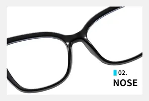 Detail of ergonomic nose bridge on black cat-eye frames with glossy finish