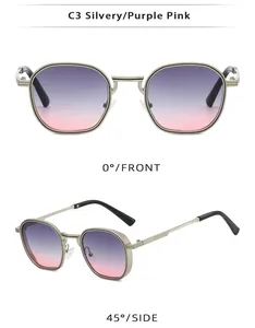 Detailed views of silver polygon sunglasses with gradient purple pink lenses at two angles