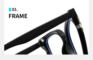 Macro view of black polished eyeglass frame with metallic hinge and blue light coating