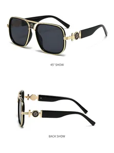 Detail view showing golden metal bridge and woven pattern on oversize pilot sunglasses
