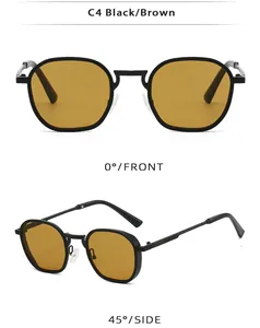 Detailed front and side views of polygon metal sunglasses with black frame and brown lenses