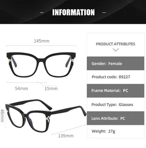 Detailed dimension guide for black cat-eye blue light blocking glasses frames for women