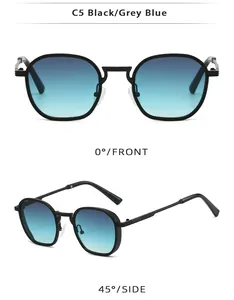 Detail view of retro polygonal sunglasses C5 in black with grey blue gradient lenses