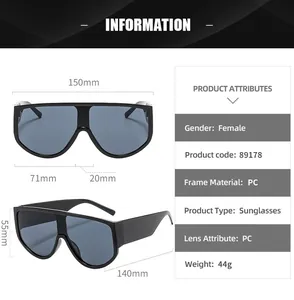 Size chart showing large frame sunglasses dimensions 150x55mm and PC frame details