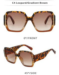 Detail view of leopard print square sunglasses with gradient brown lenses and gold accents
