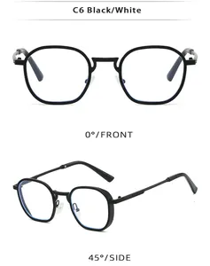 Detailed macro view of black polygonal sunglasses frame showing front and 45-degree side angles