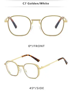 Detailed front and 45-degree side views of gold polygonal sunglasses with textured metal frames