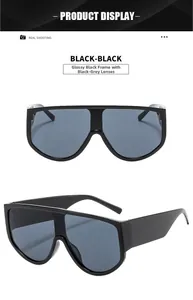 Front and side view of glossy black oversized sunglasses with dark grey lenses