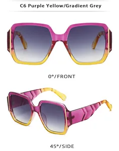 Detail of purple and yellow gradient square sunglasses with unique wavy temple design