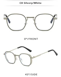 Detailed front and side views of silver polygonal metal frame sunglasses in C8 white